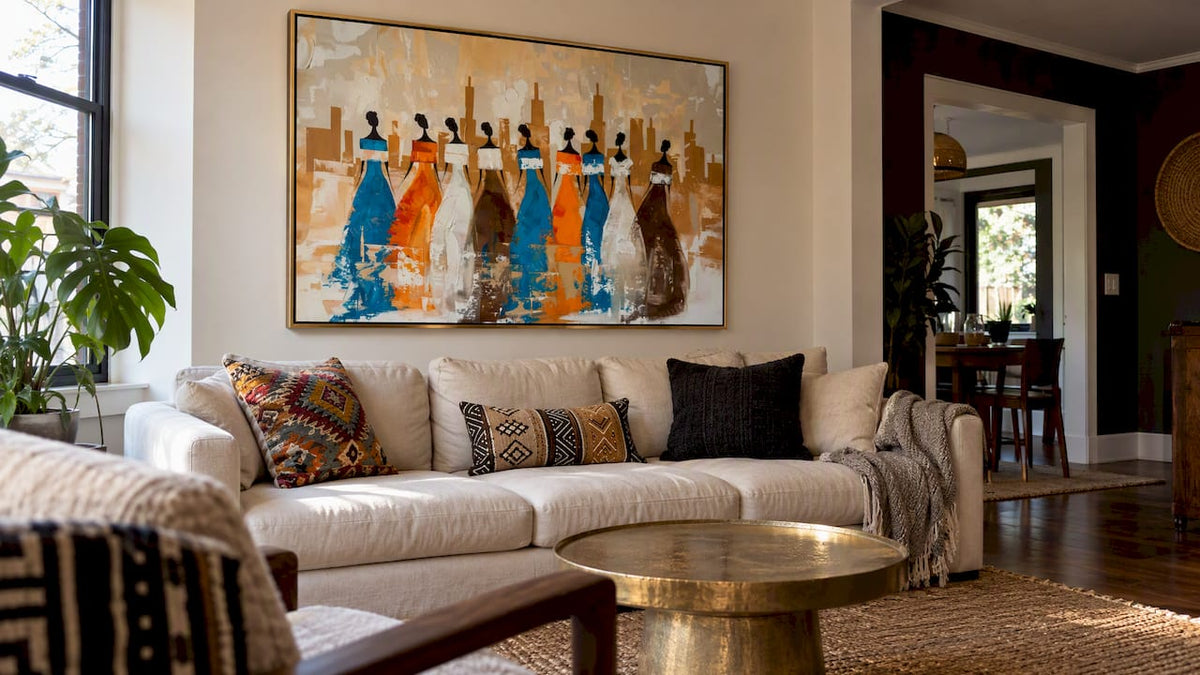 Ancestors canvas above a modern living room sofa