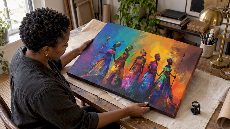 Buyer inspecting an African canvas print