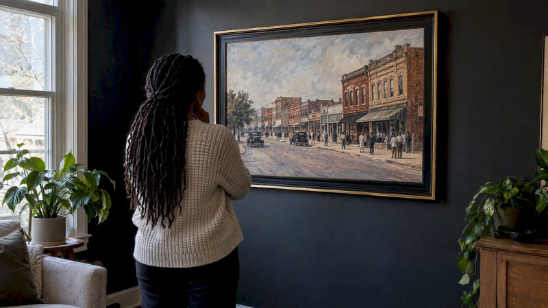 Homeowner viewing Greenwood-inspired Black Wall Street art