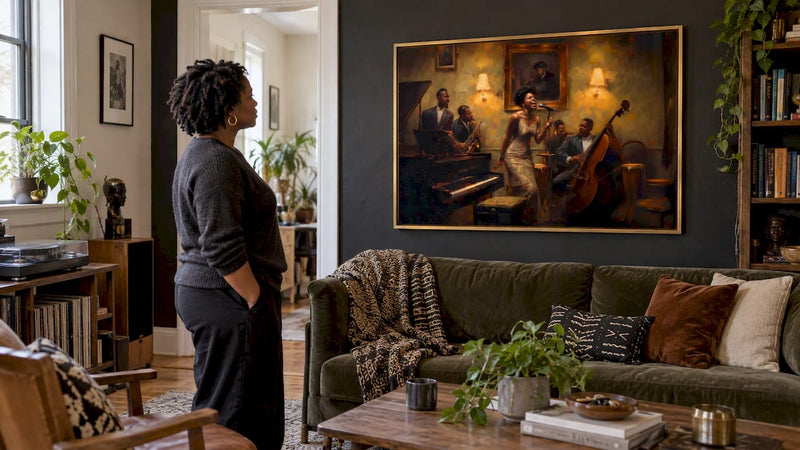 Harlem jazz canvas displayed in a home