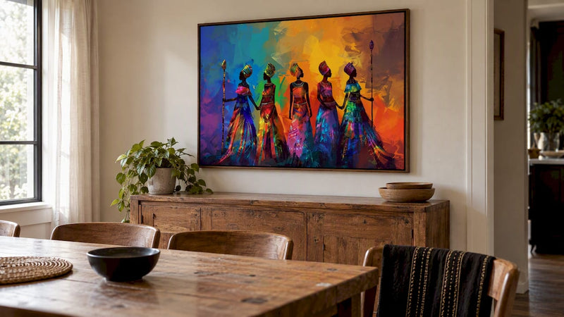 African Tribal Women canvas anchors a dining room