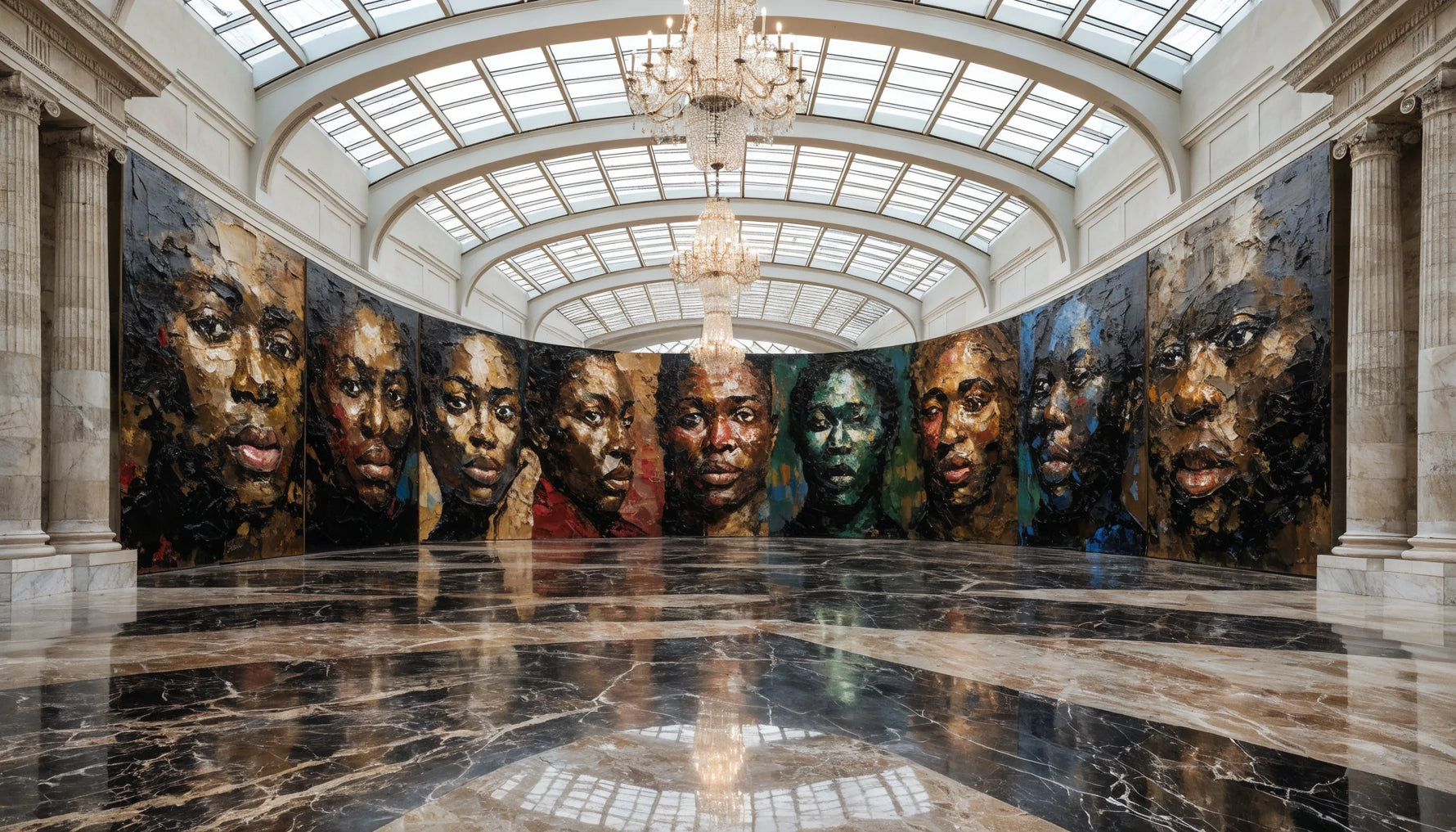 Grand museum retrospective hall with a sweeping wall of large paintings of Black subjects
