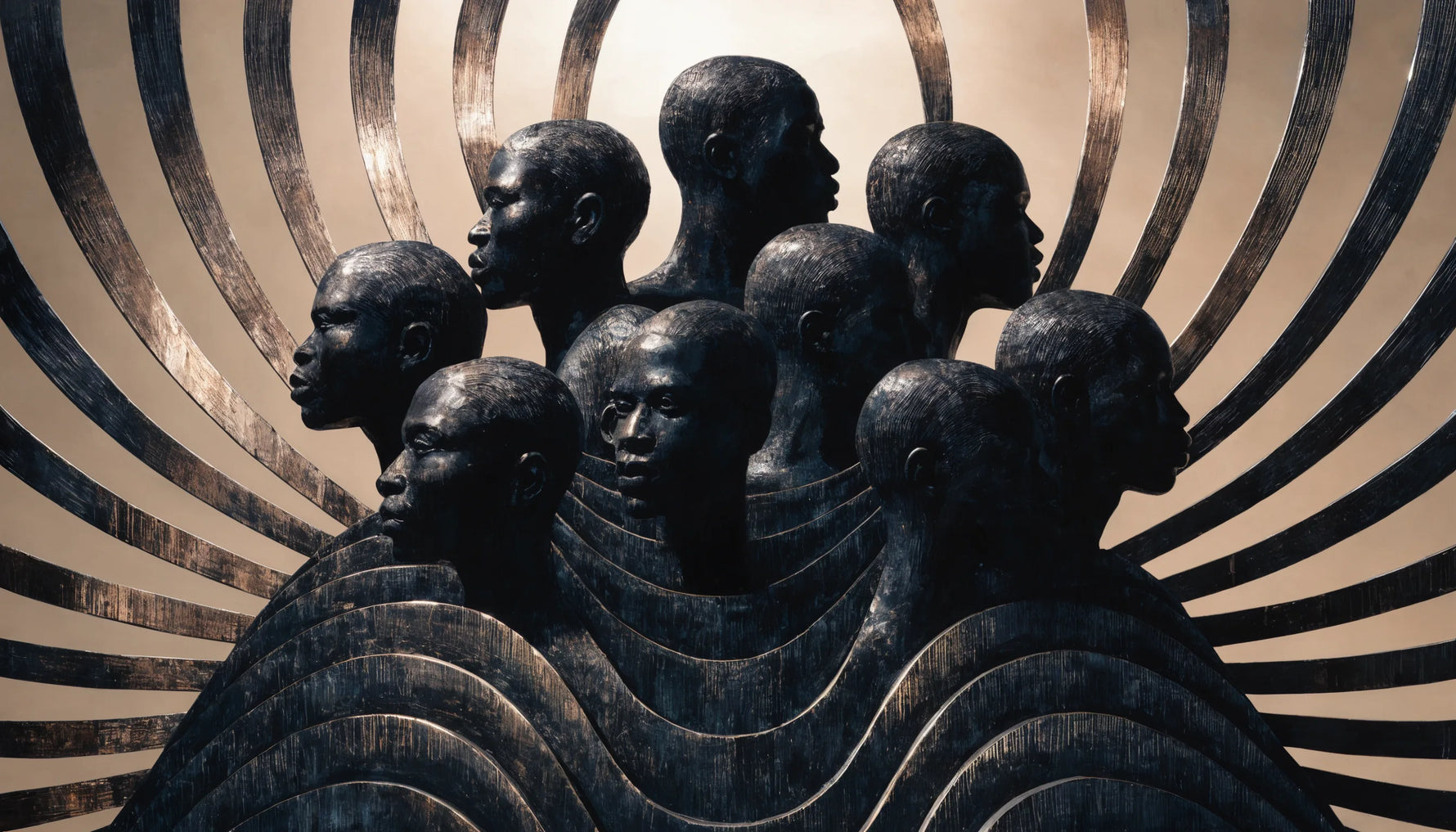 A bold Art Deco artwork of layered silhouetted Black figures with concentric rays and geometric bands, original composition in the spirit of the era, not a copy of any real work.