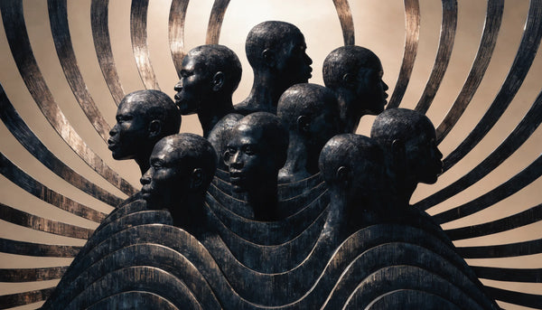 A bold Art Deco artwork of layered silhouetted Black figures with concentric rays and geometric bands, original composition in the spirit of the era, not a copy of any real work.