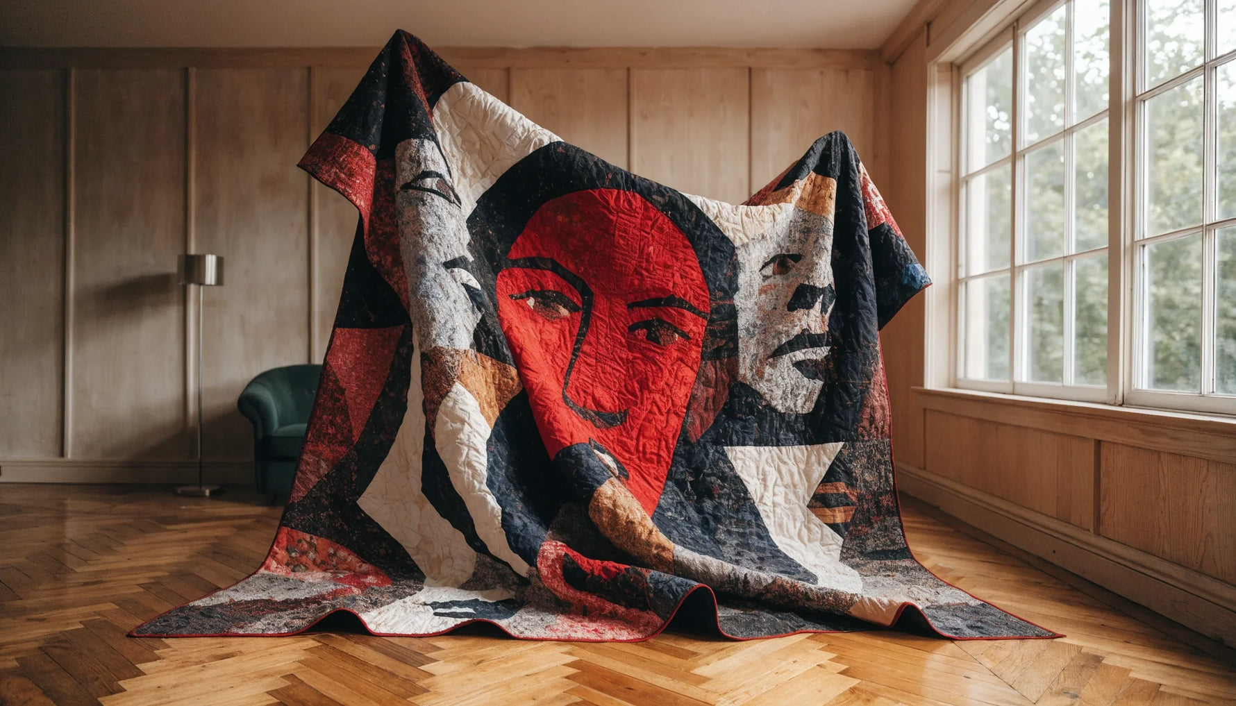 A handmade African American quilt with bold improvisational patterns draped in a warm styled room.