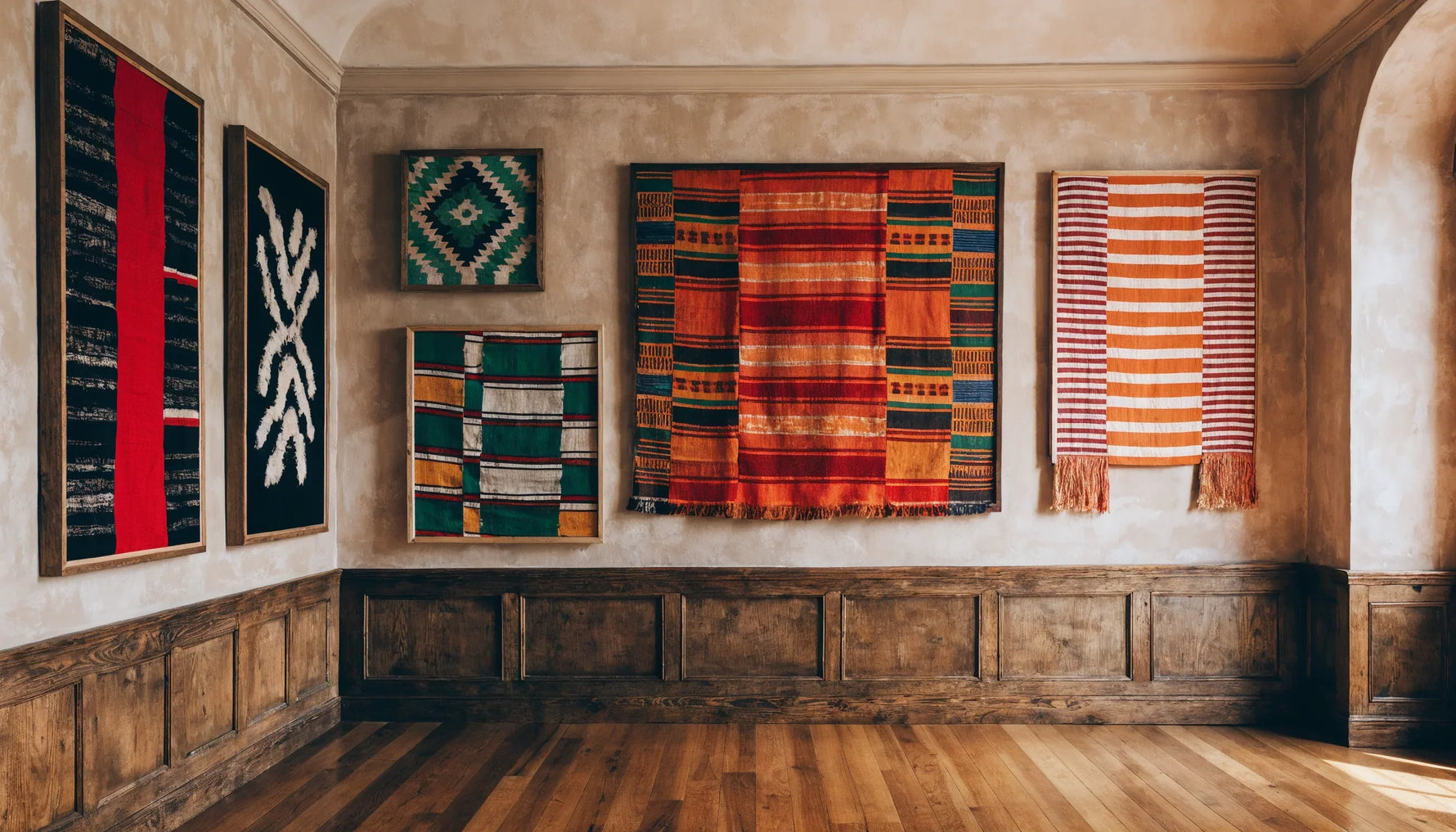 Bold African textile patterns, kente and mudcloth, framed as wall art in a warm styled room.