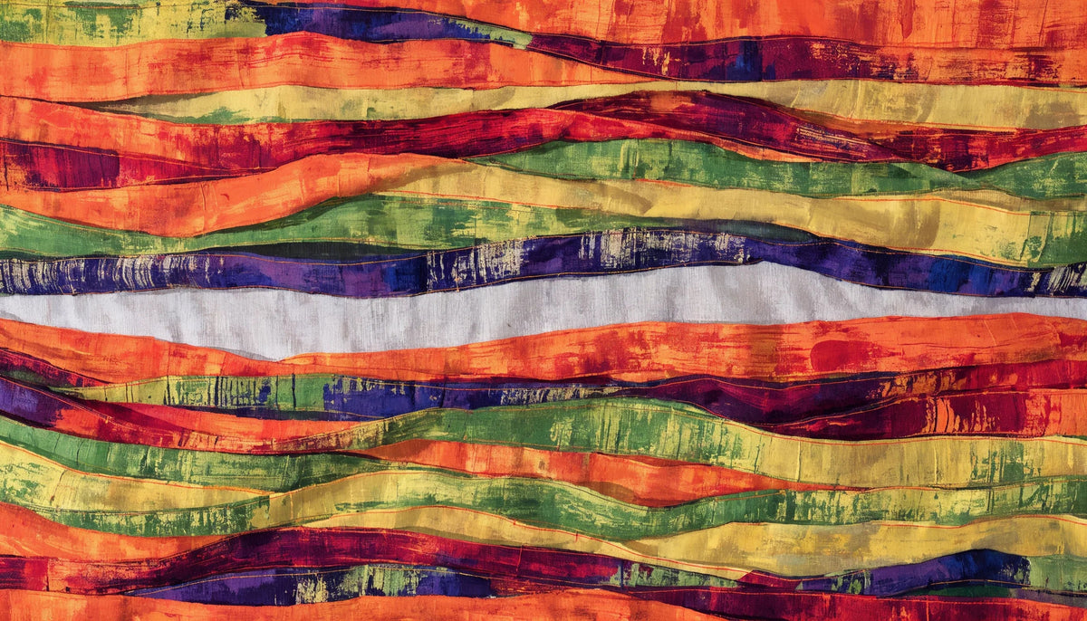 A painting of stacked woven cloth bands in saturated orange, cherry, lemon, lime and grape, broken by one pale cream band near the center.