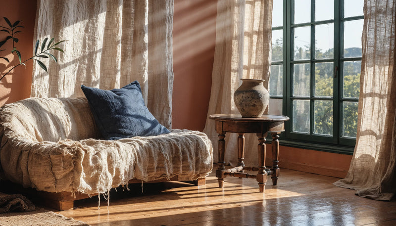 A sunlit corner with a terracotta wall, a linen sofa with an indigo cushion, a walnut side table, a clay vessel and a jute rug.