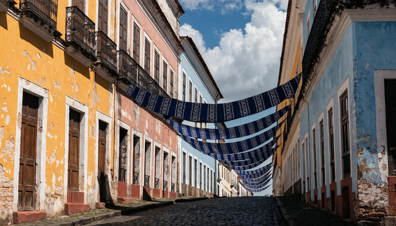 A steep cobbled street of faded mustard, rose and blue colonial facades with lengths of printed cotton drying on lines overhead.