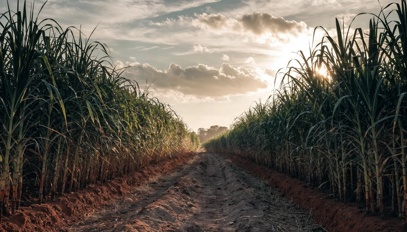 Rows of tall sugarcane backlit by low afternoon sun with a narrow cutting path opening through the field and red earth below.
