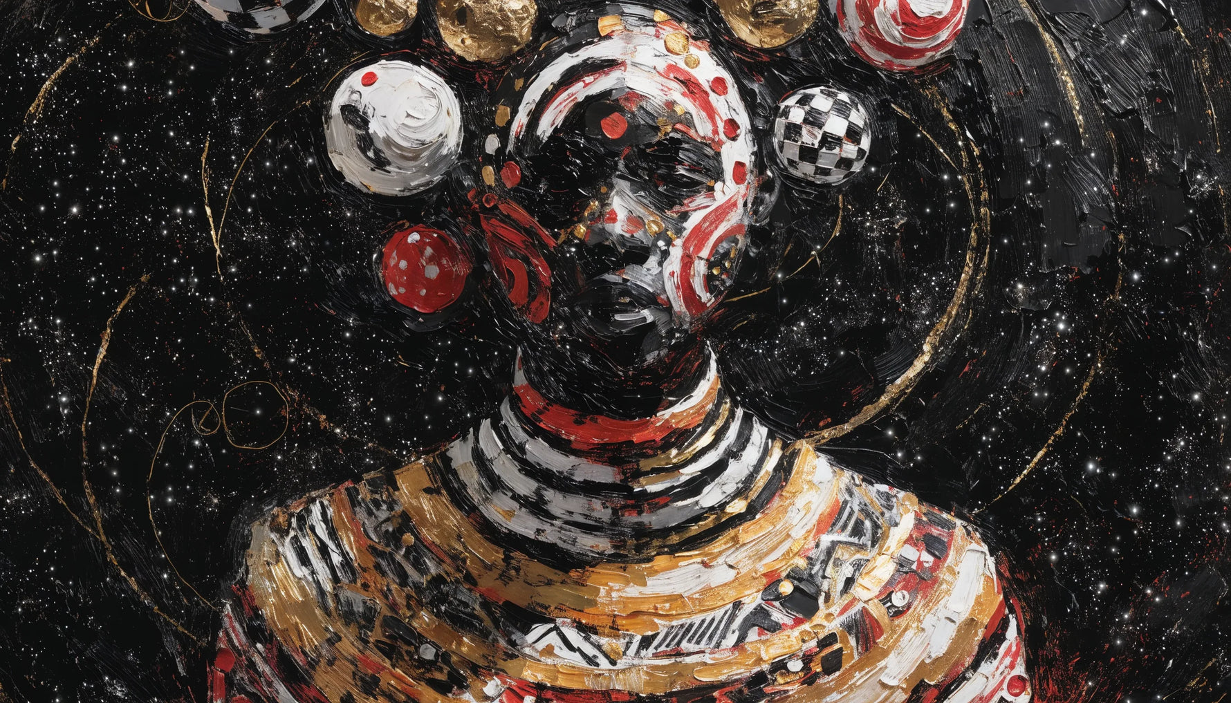 A bold original Afrofuturist painting: a regal Black figure with cosmic and futurist adornment against a starfield, gold accents.