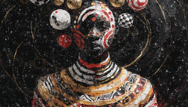 A bold original Afrofuturist painting: a regal Black figure with cosmic and futurist adornment against a starfield, gold accents.