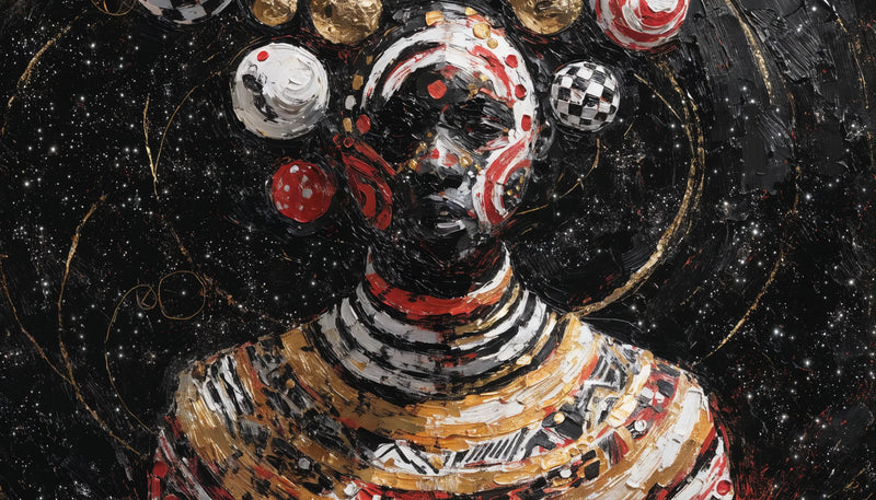 A bold original Afrofuturist painting: a regal Black figure with cosmic and futurist adornment against a starfield, gold accents.