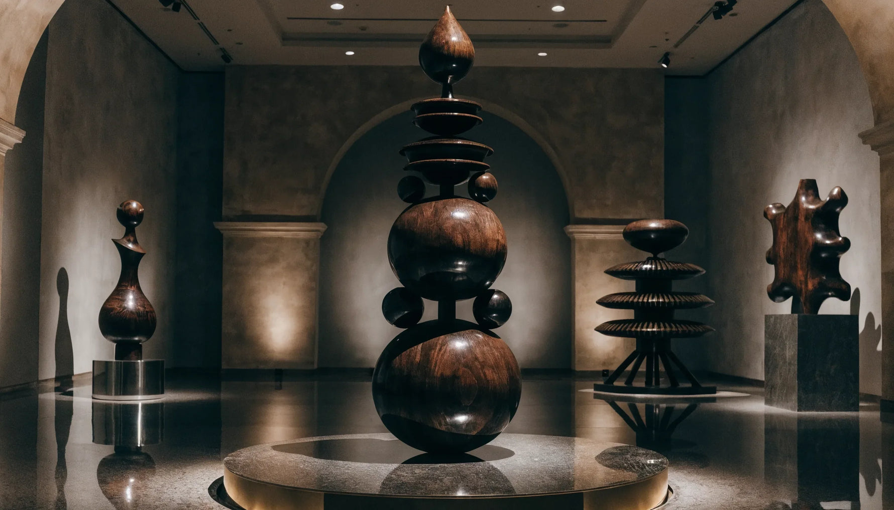 A dramatic museum exhibition of bold Afrofuturist artworks under theatrical lighting, deep shadows, no people.