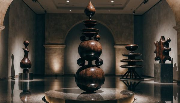 A dramatic museum exhibition of bold Afrofuturist artworks under theatrical lighting, deep shadows, no people.