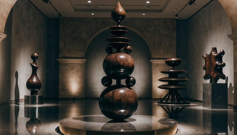 A dramatic museum exhibition of bold Afrofuturist artworks under theatrical lighting, deep shadows, no people.