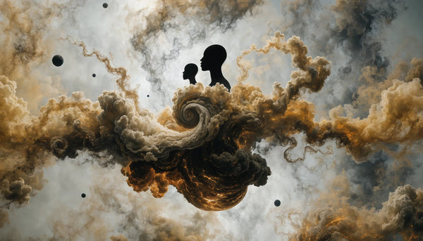 An original cosmic Afrofuturist scene evoking jazz and speculative worlds, swirling nebulae and Black silhouettes, no real people.