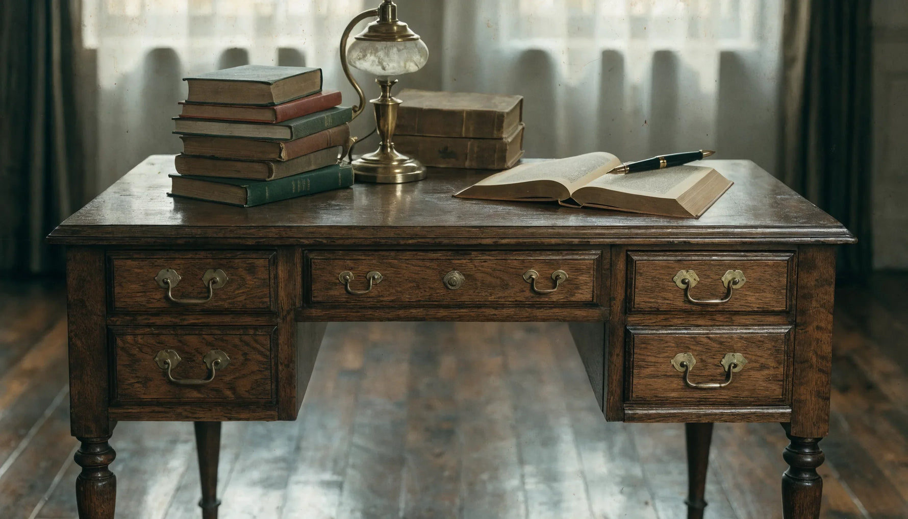 A 1920s scholar's desk with stacked books, an open anthology, a reading lamp and a fountain pen, warm intellectual mood, no people.