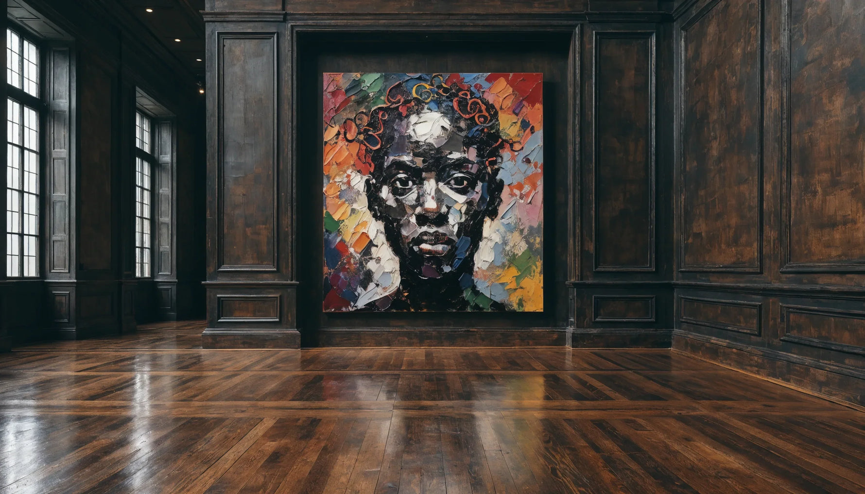 A minimalist museum portrait gallery with a single original full-color portrait of a Black person