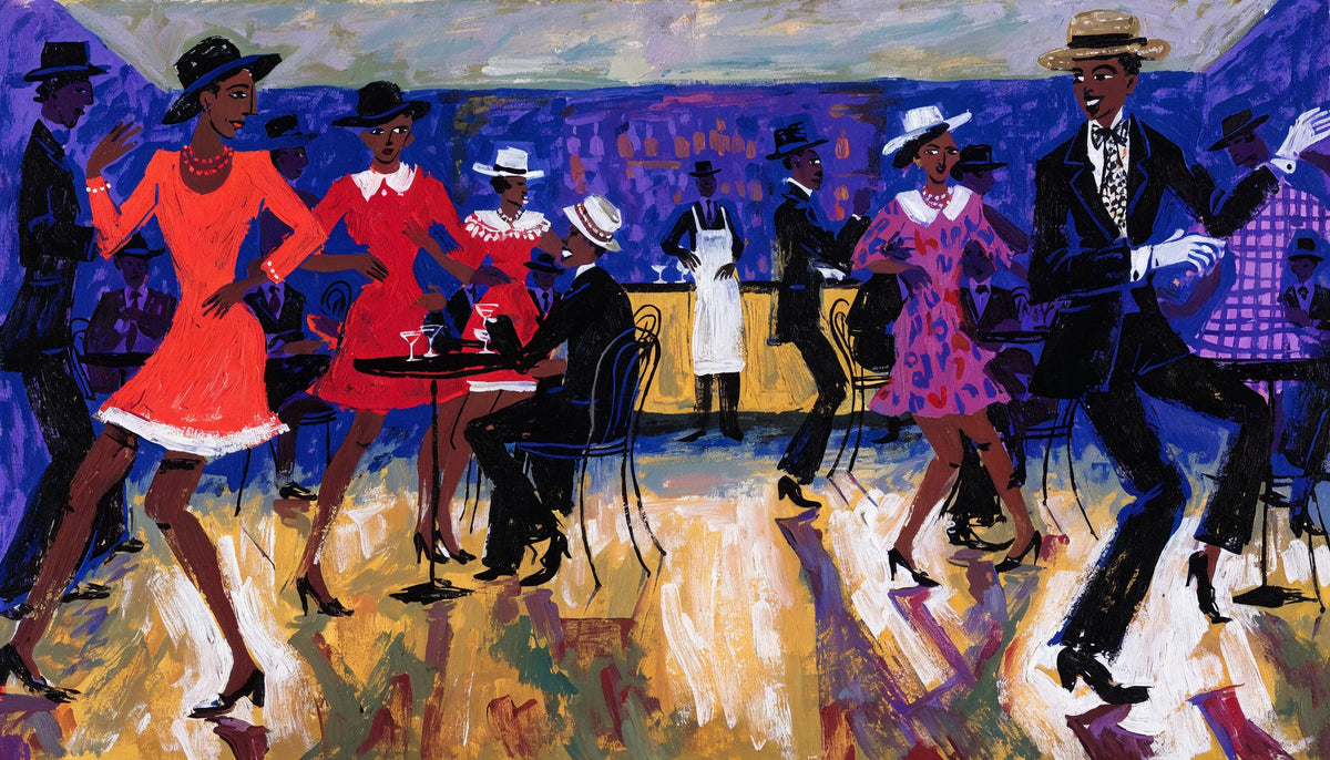 Crowded 1940s Black cabaret with dancers and seated patrons, jazz-age style painting on canvas, hot magenta and violet club lighting