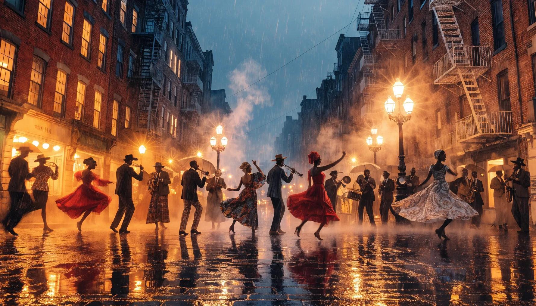 A vibrant 1920s jazz nightlife street scene at night, warm saturated color and dancing energy, painterly, original, no identifiable people.