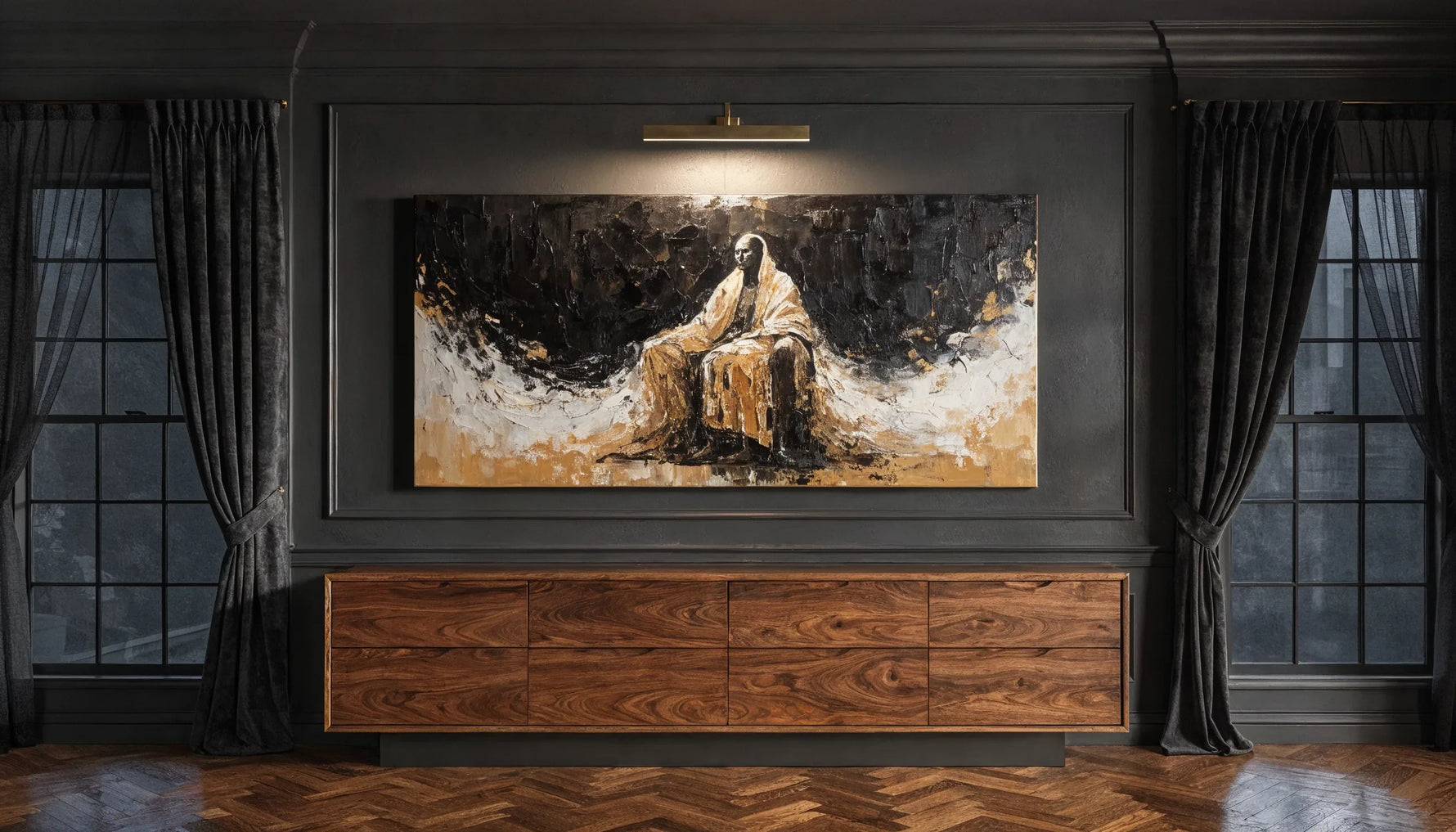 A warm toned canvas painting lit by a brass picture light on a near black living room wall above a walnut console