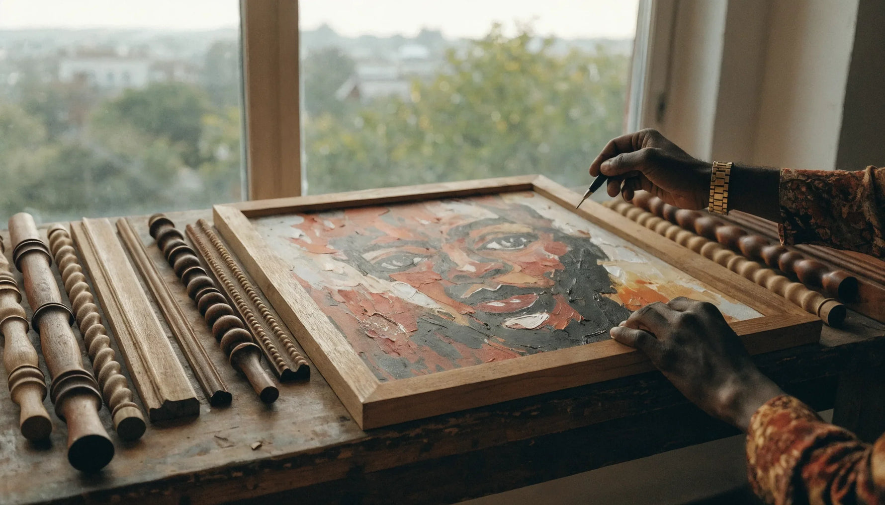 A framing workbench with wood moulding samples and a Black-art print being framed, warm light, no face.