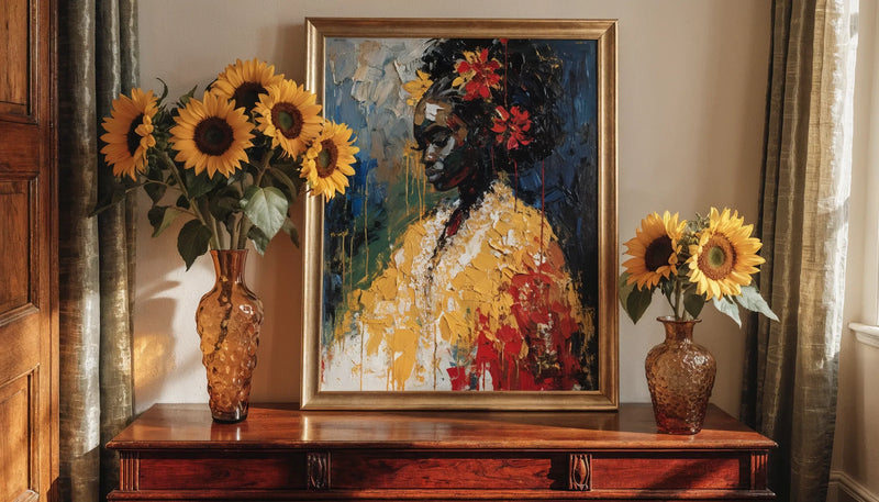 A framed original portrait of a Black woman styled as a gift on a console in warm light.