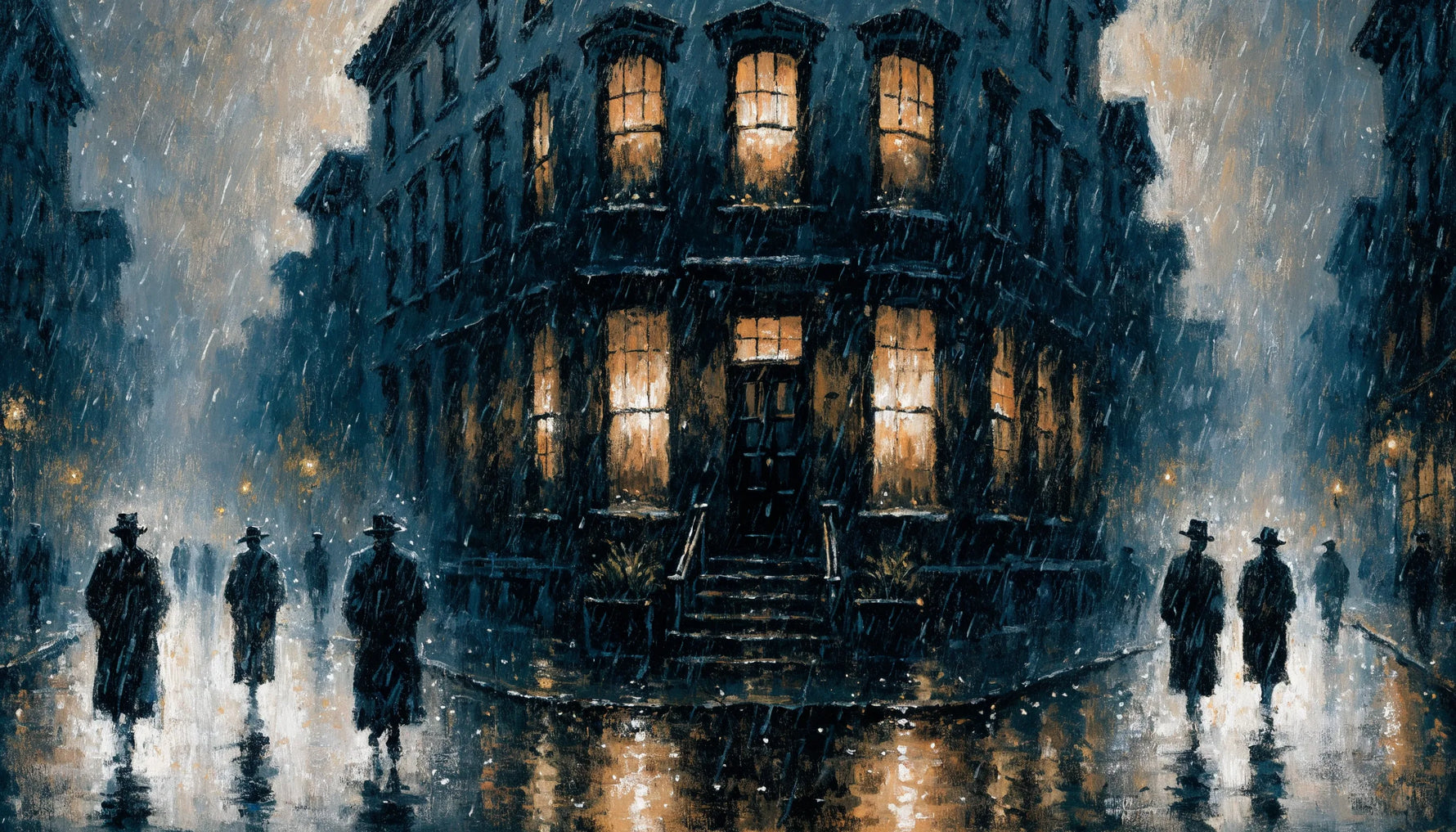 A painterly night scene of a 1920s Harlem street, warm window light on wet pavement and figures in period coats