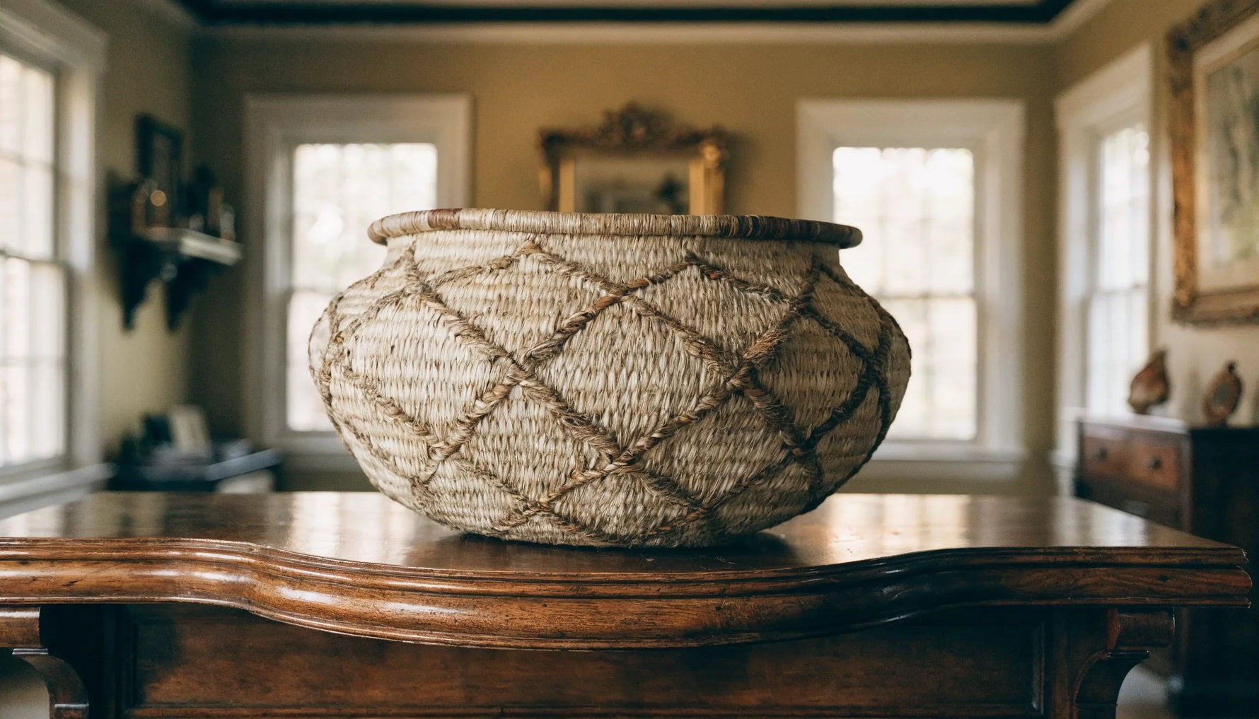 An heirloom sweetgrass basket resting on a mantel in a warm home interior with soft window light