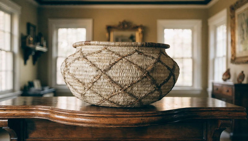 An heirloom sweetgrass basket resting on a mantel in a warm home interior with soft window light
