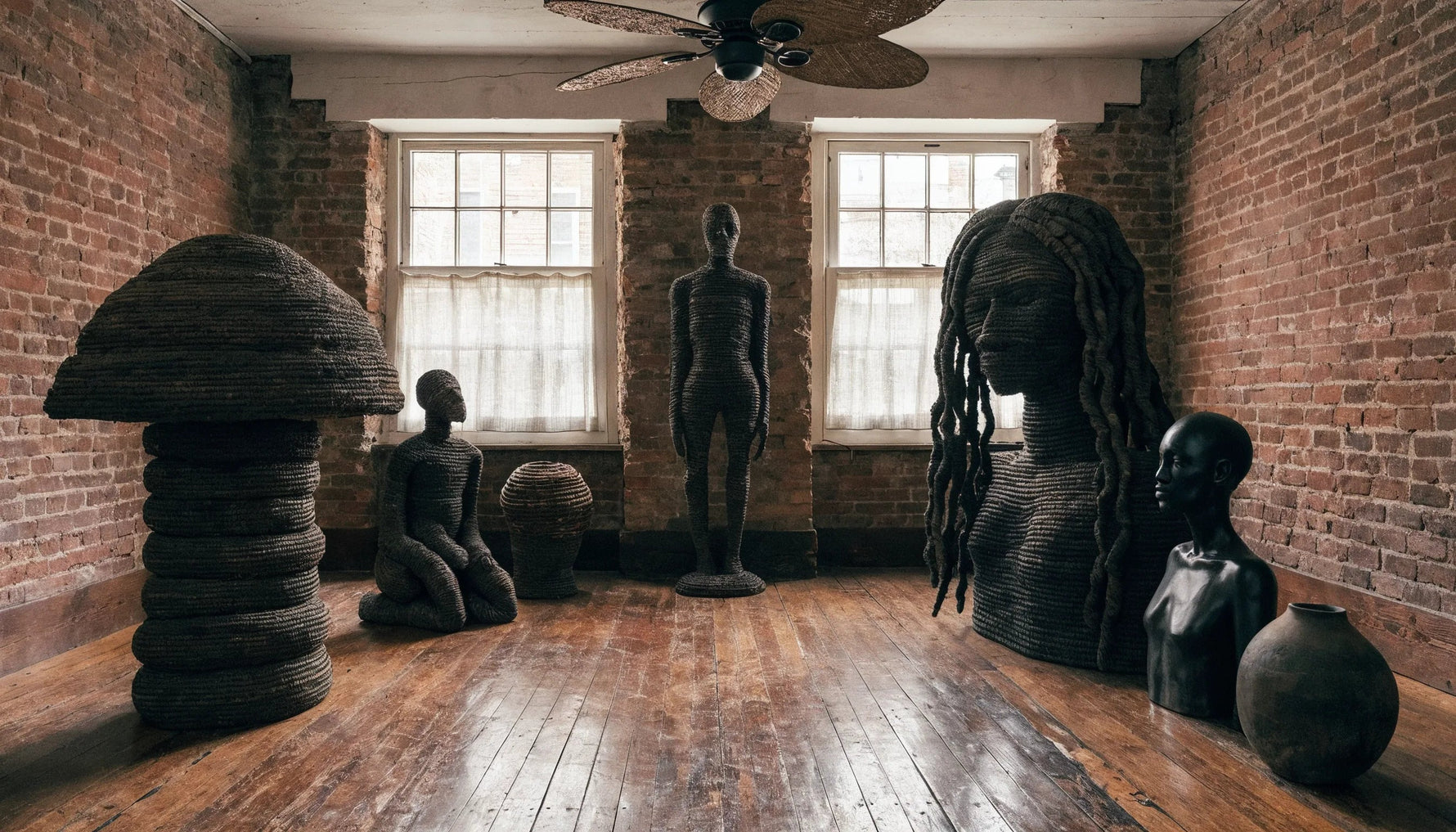 Warm artist-run gallery space with original Black-art works on exposed-brick walls