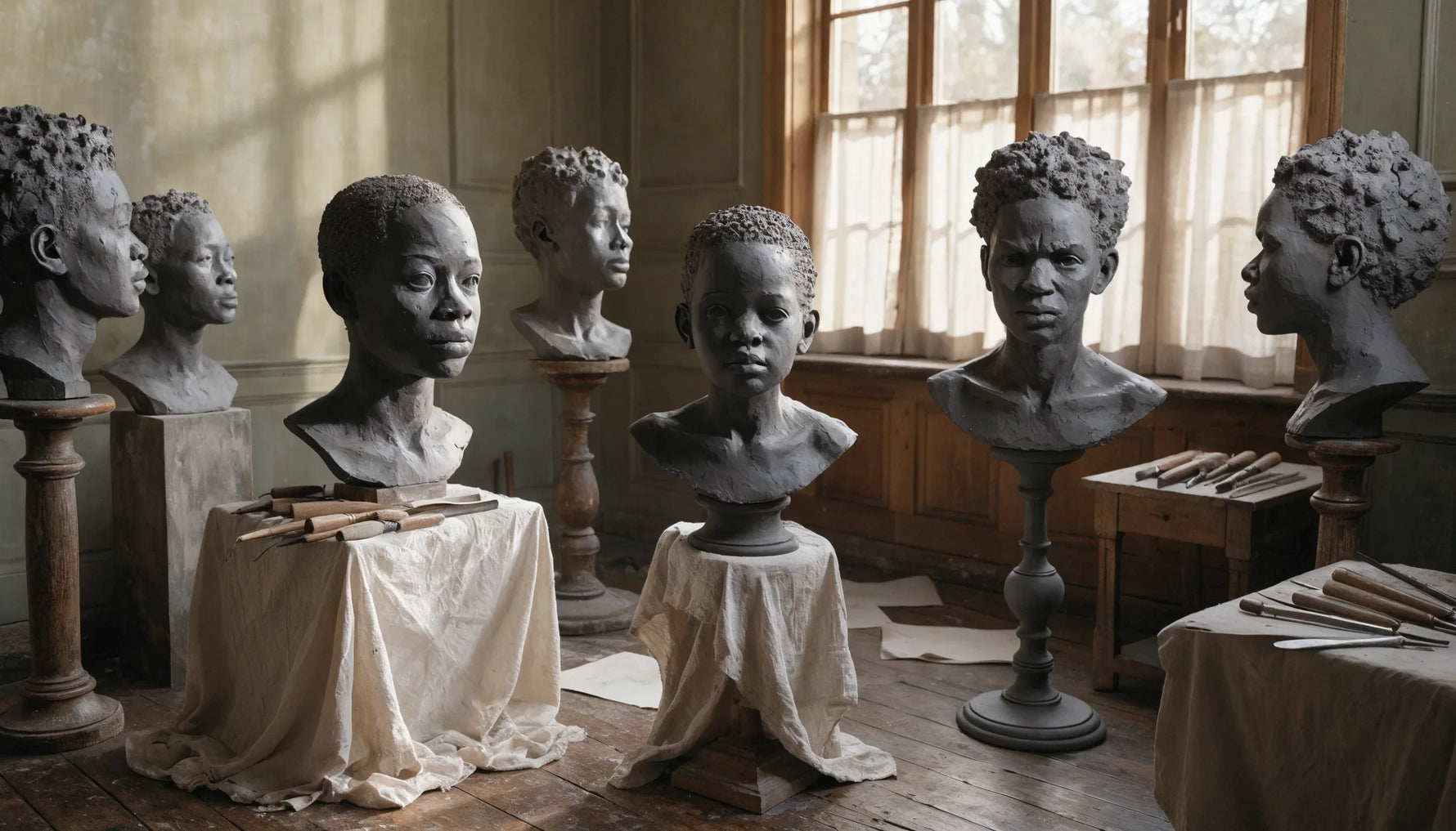 A 1930s sculptor's studio with clay portrait busts on stands, modeling tools and draped cloths, warm window light, no people.