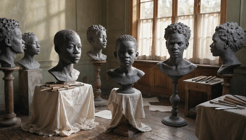 A 1930s sculptor's studio with clay portrait busts on stands, modeling tools and draped cloths, warm window light, no people.
