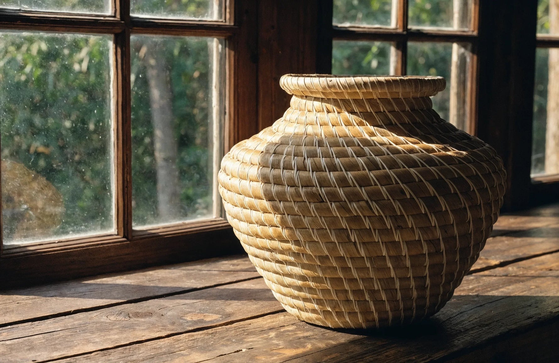 A single authentic Lowcountry sweetgrass basket on a weathered wooden table beside a sunlit window, showing tight coil-and-stitch construction