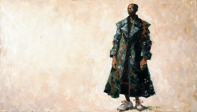 Painted portrait of a Black man in a long overcoat standing against a plain cream background, with open space beside him.