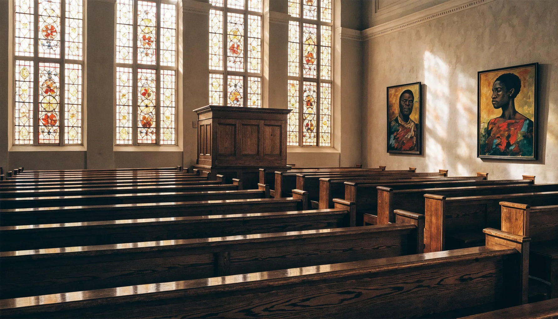 View from the back of an empty church sanctuary toward the pulpit, with two large framed canvases hanging together on the side wall under colored window light.