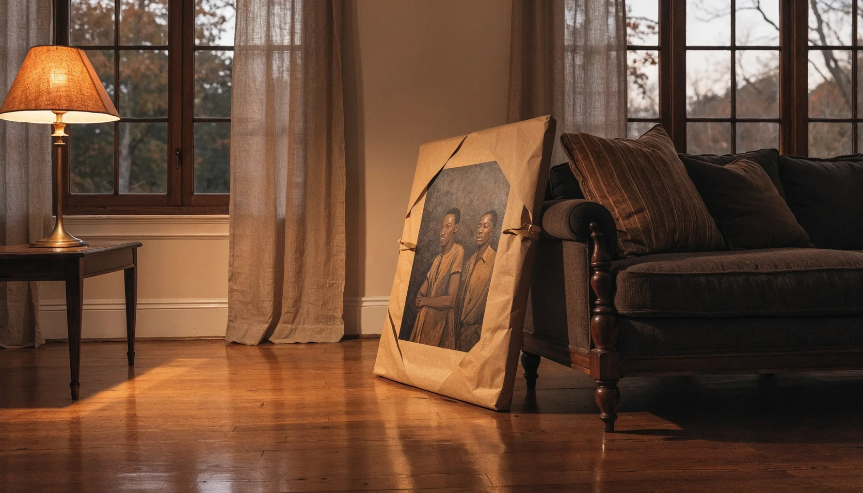 A canvas wrapped in kraft paper and ribbon leaning against a living room wall next to a sofa, lit by a table lamp in the evening.