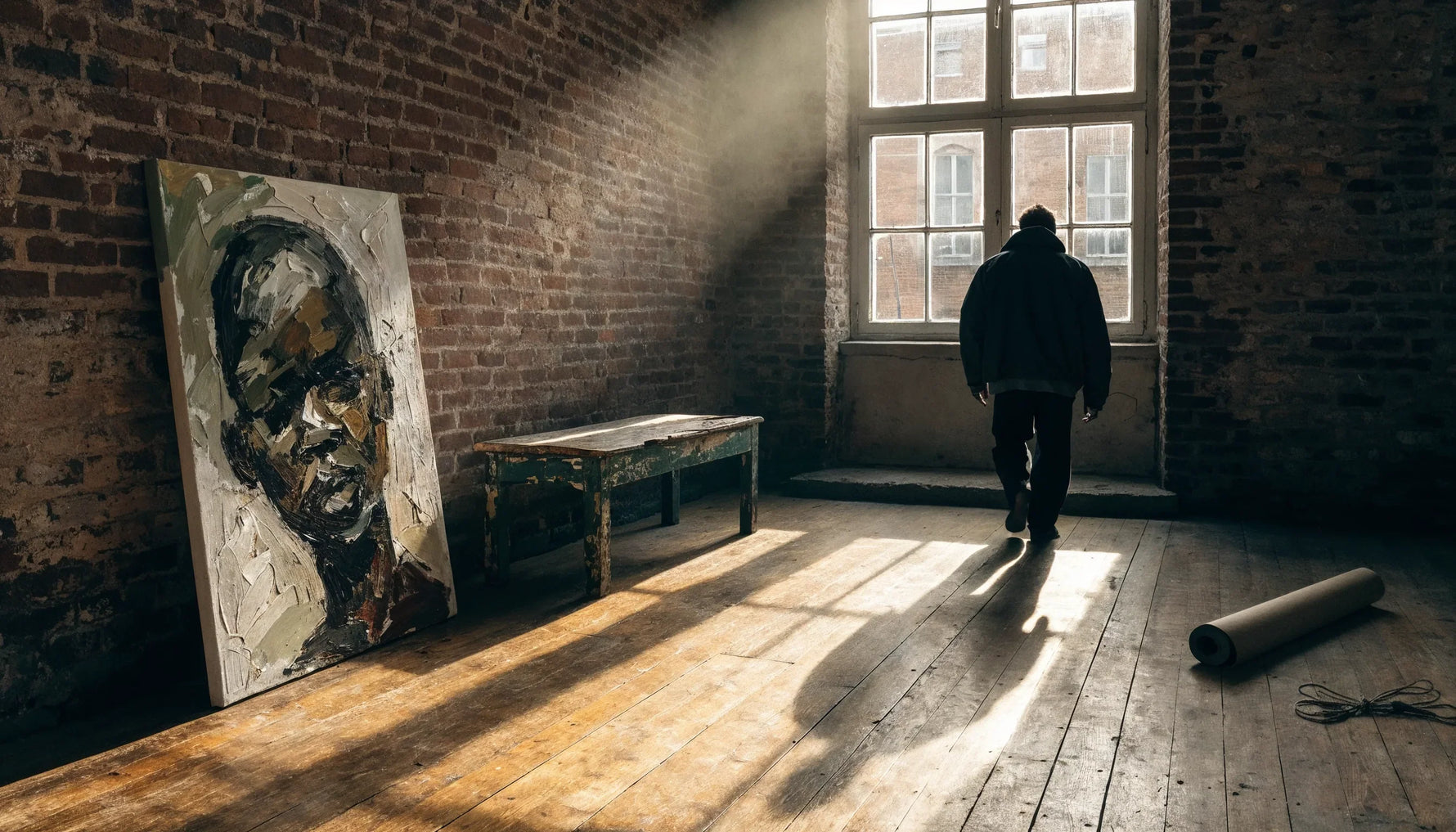 A stretched canvas leaning against a brick wall in a small gallery back room, with a person standing away from the camera