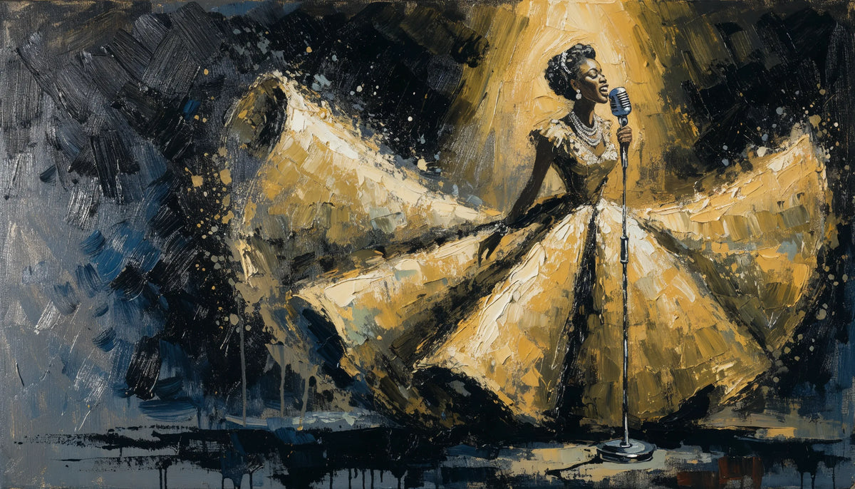 Black woman jazz singer in a 1940s satin gown at a vintage ribbon microphone, painting on canvas, single spotlight against deep shadow