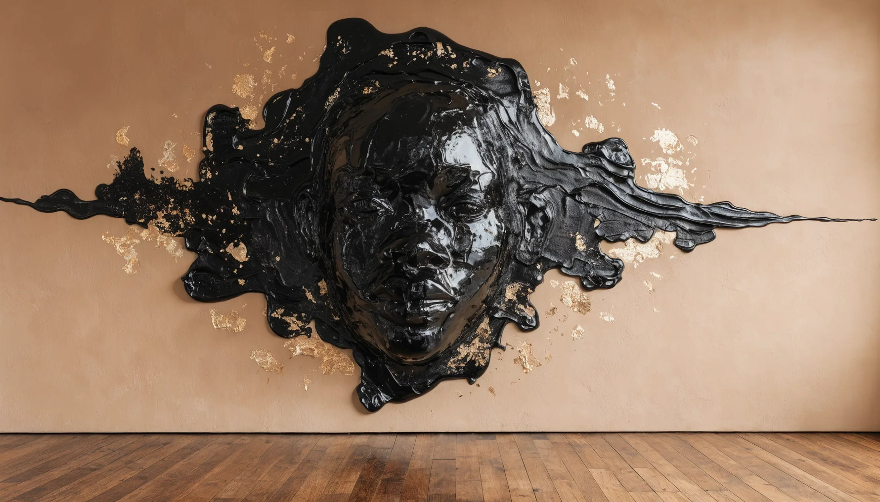 A minimalist interior with a bold original Black abstract artwork on the wall, warm.