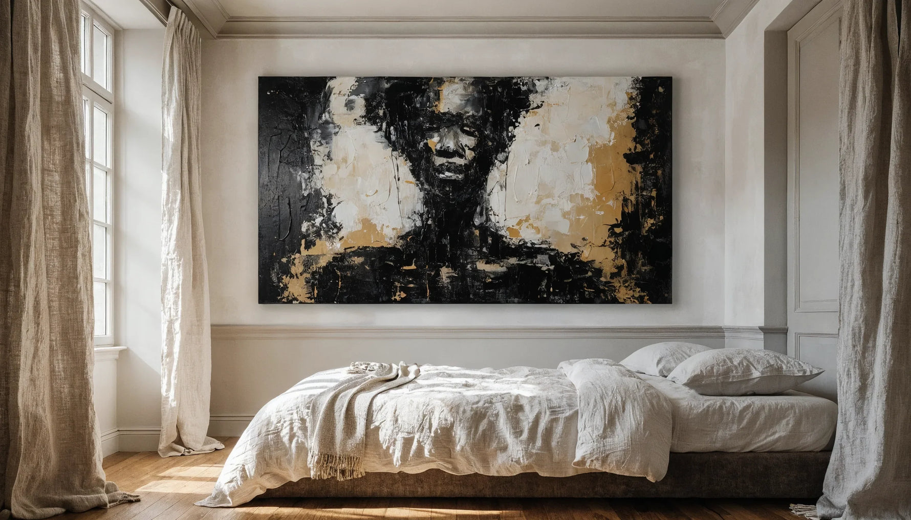 A bedroom or entryway styled with original Black-art on a clean wall, minimalist and warm.