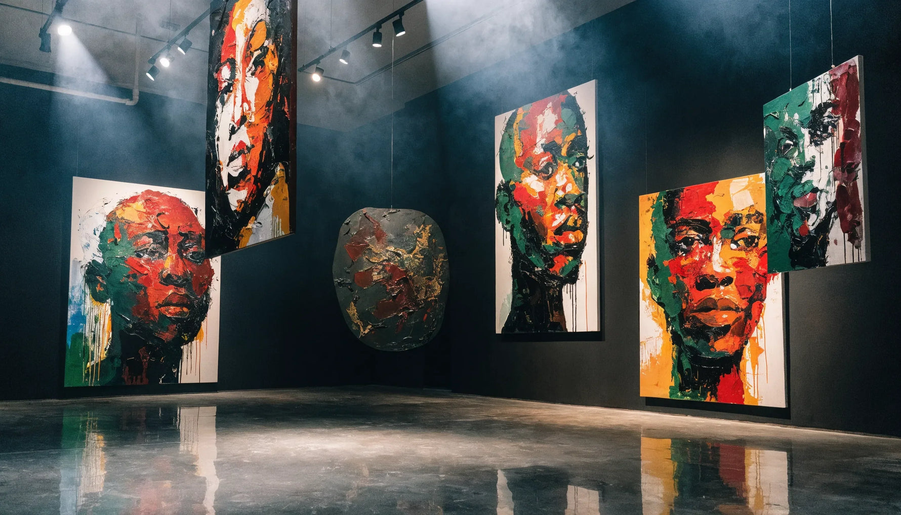 Dramatic contemporary exhibition space with bold paintings of Black subjects under theatrical lighting