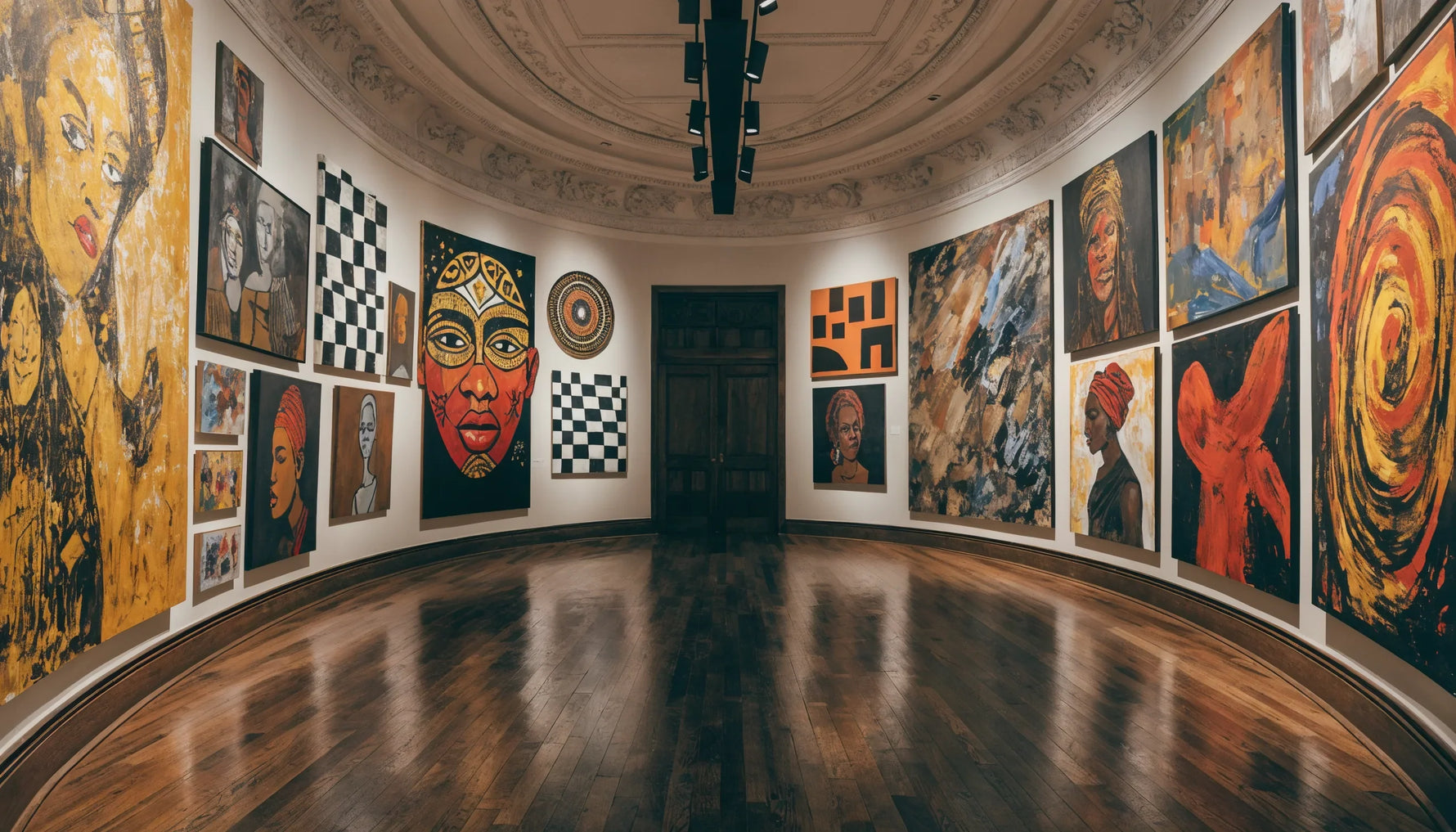 A grand museum hall with a sweeping wall of diverse original Black artworks spanning many styles and eras, a survey of Black art history, dramatic light, no people.