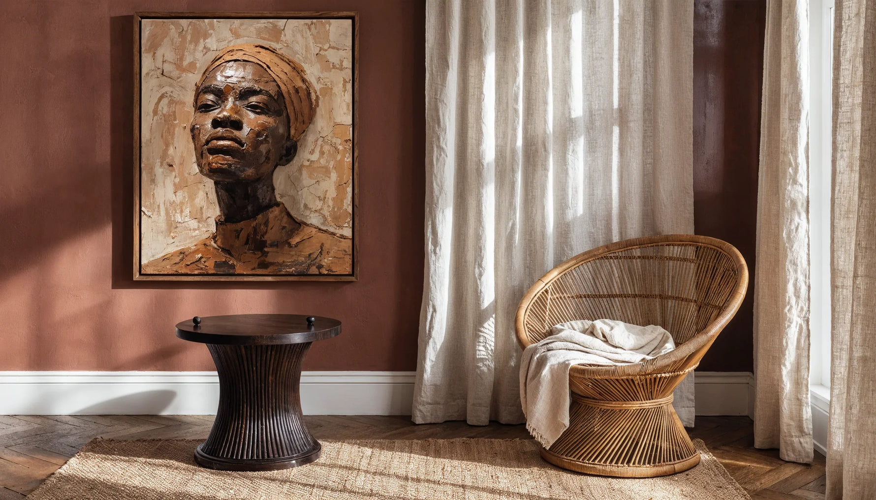 A walnut framed canvas on a terracotta wall above a jute rug and rattan chair in daylight