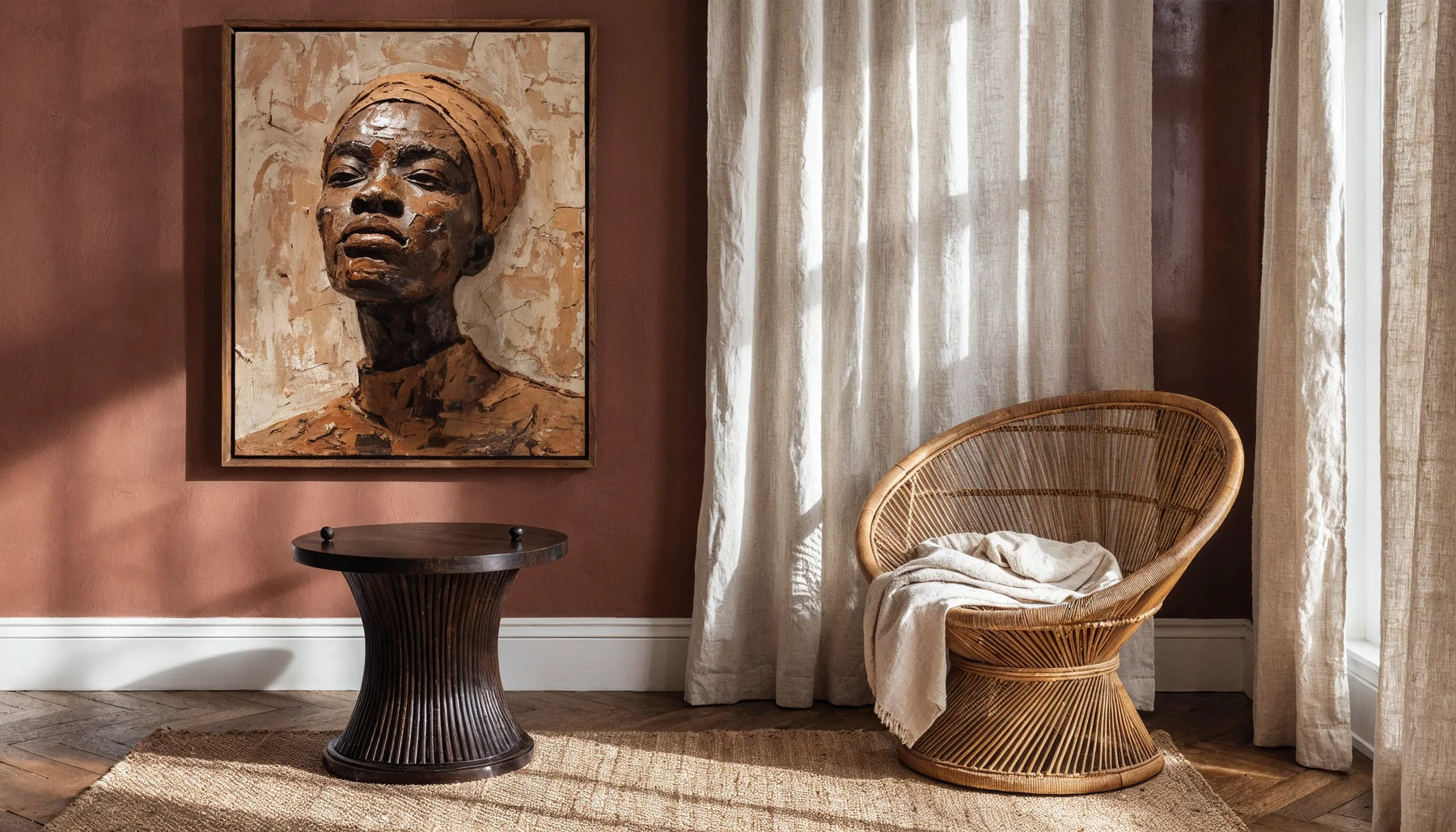 A walnut framed canvas on a terracotta wall above a jute rug and rattan chair in daylight