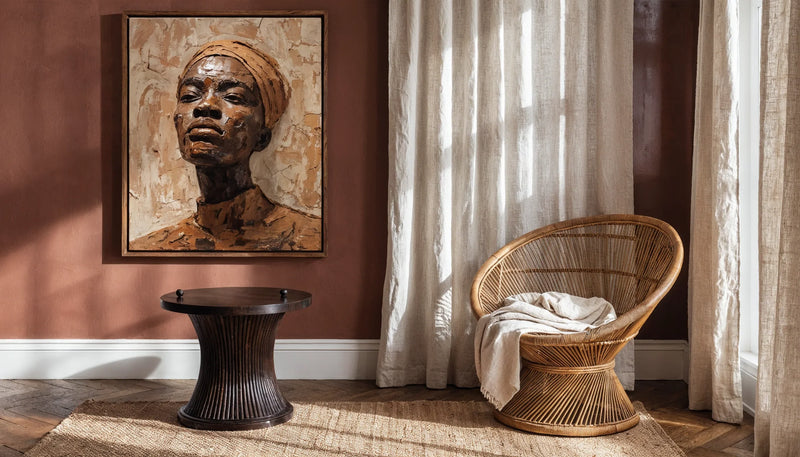 A walnut framed canvas on a terracotta wall above a jute rug and rattan chair in daylight