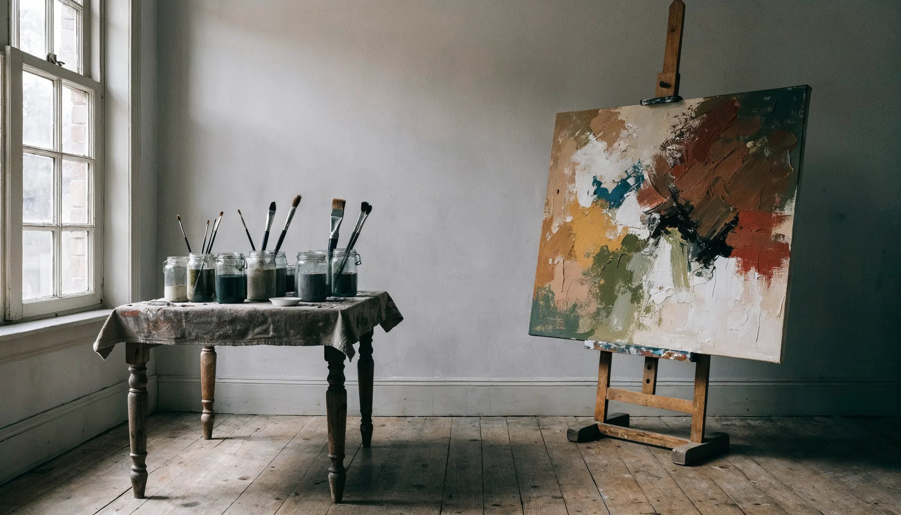 A daylit artist studio corner with a large unframed canvas on a wooden easel and a paint spattered table holding jars and brushes.