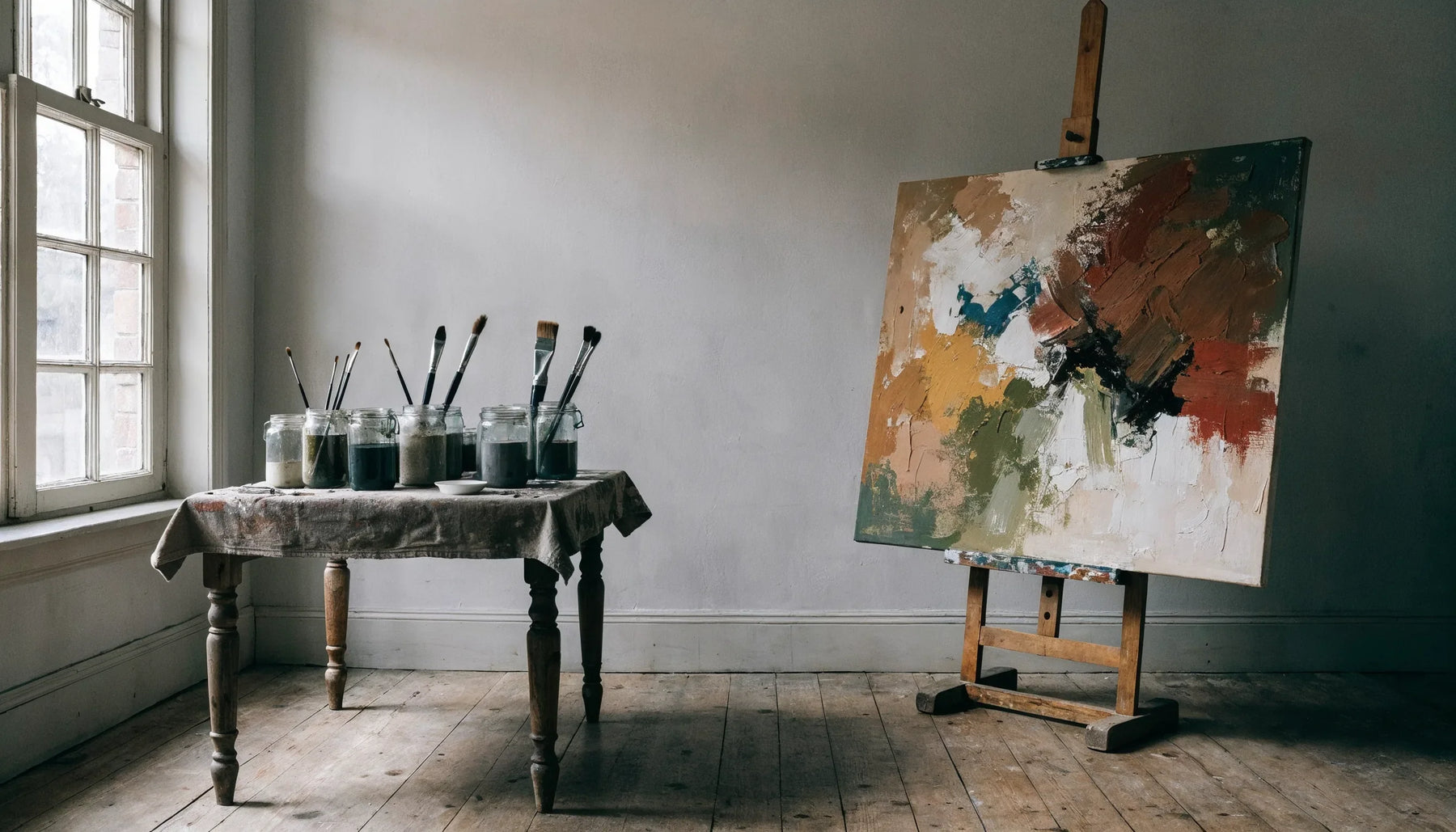 A daylit artist studio corner with a large unframed canvas on a wooden easel and a paint spattered table holding jars and brushes.