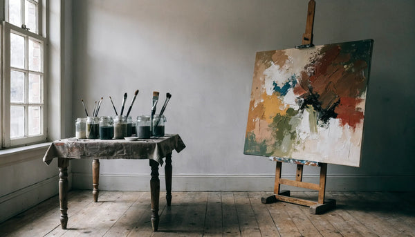 A daylit artist studio corner with a large unframed canvas on a wooden easel and a paint spattered table holding jars and brushes.
